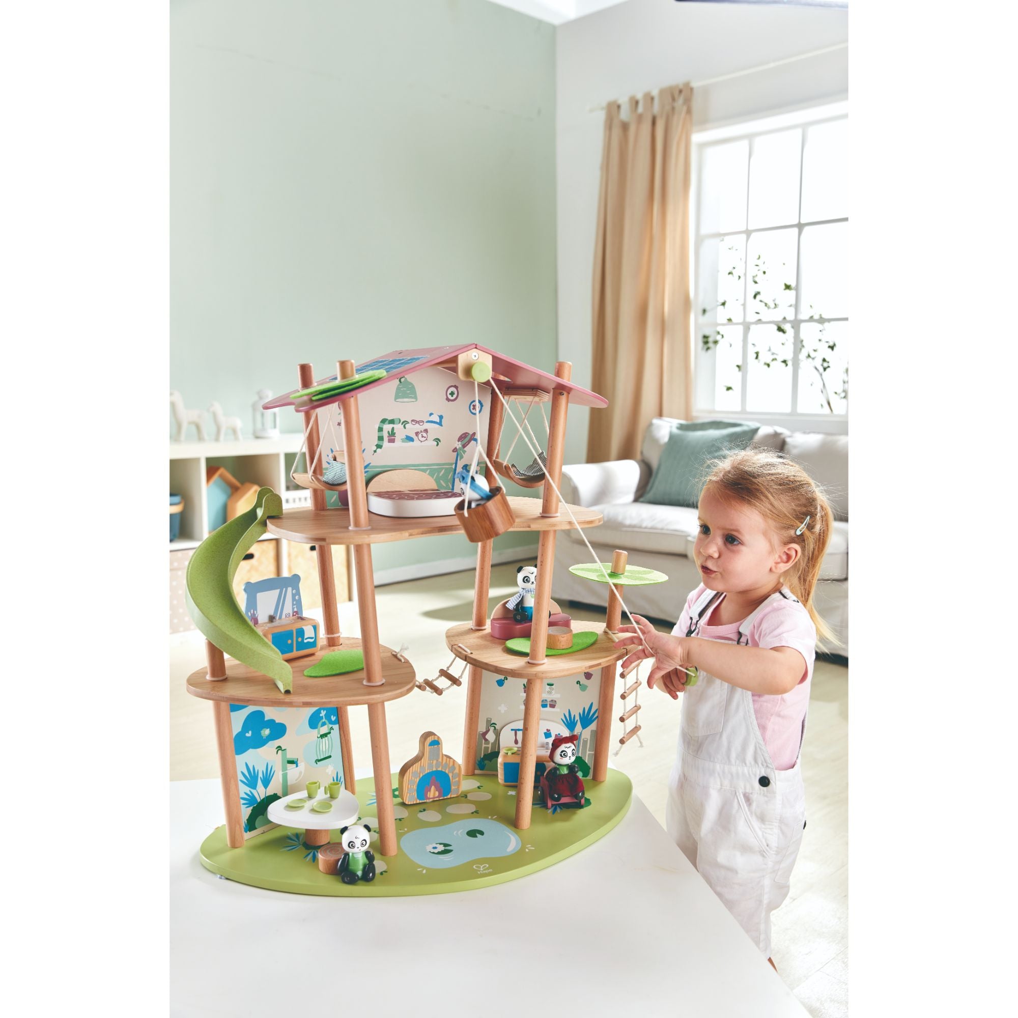 Hape Eco-Friendly 3-Level Green Planet Panda Bamboo Dollhouse Set
