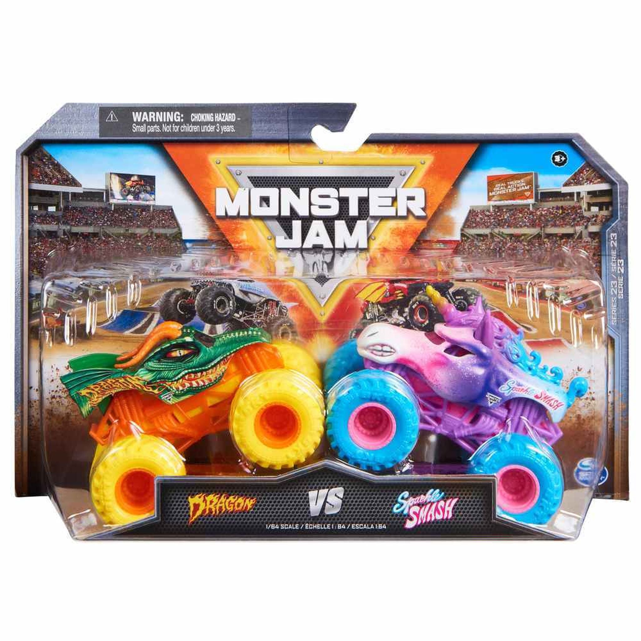 Hot Deal! Monster Jam 1:64 Scale 2-Pack - Dragon vs Sparkle Smash