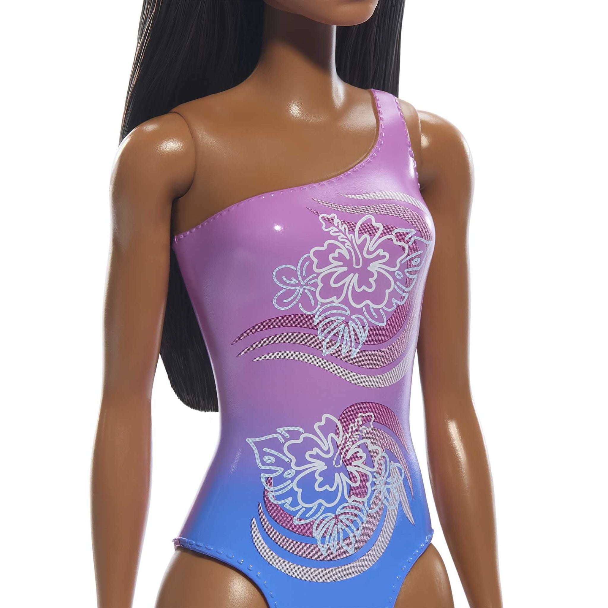 Barbie Doll in a Stunning Purple Patterned Beach Swimsuit