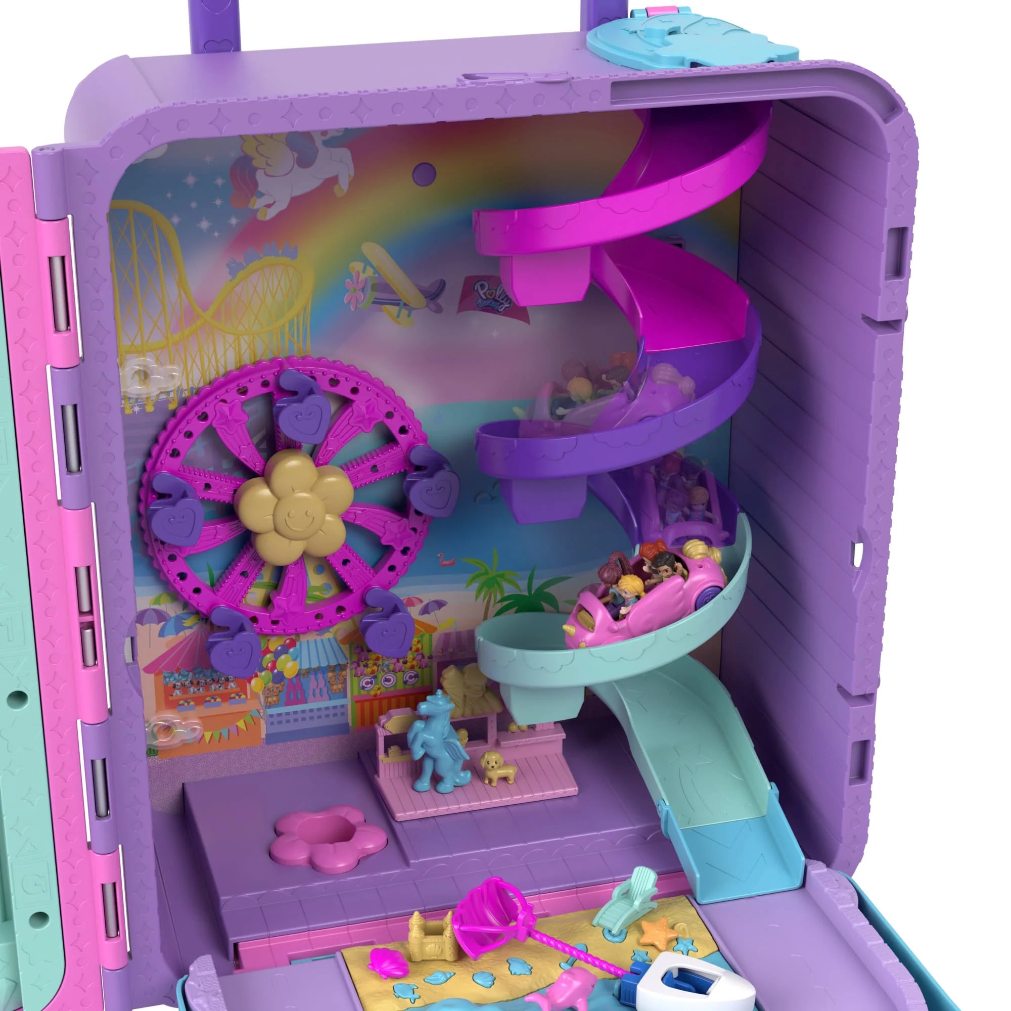 Polly Pocket Pollyville Resort Roll-Away Playset with 4 Dolls, 1 Vehicle & 25+ Accessories