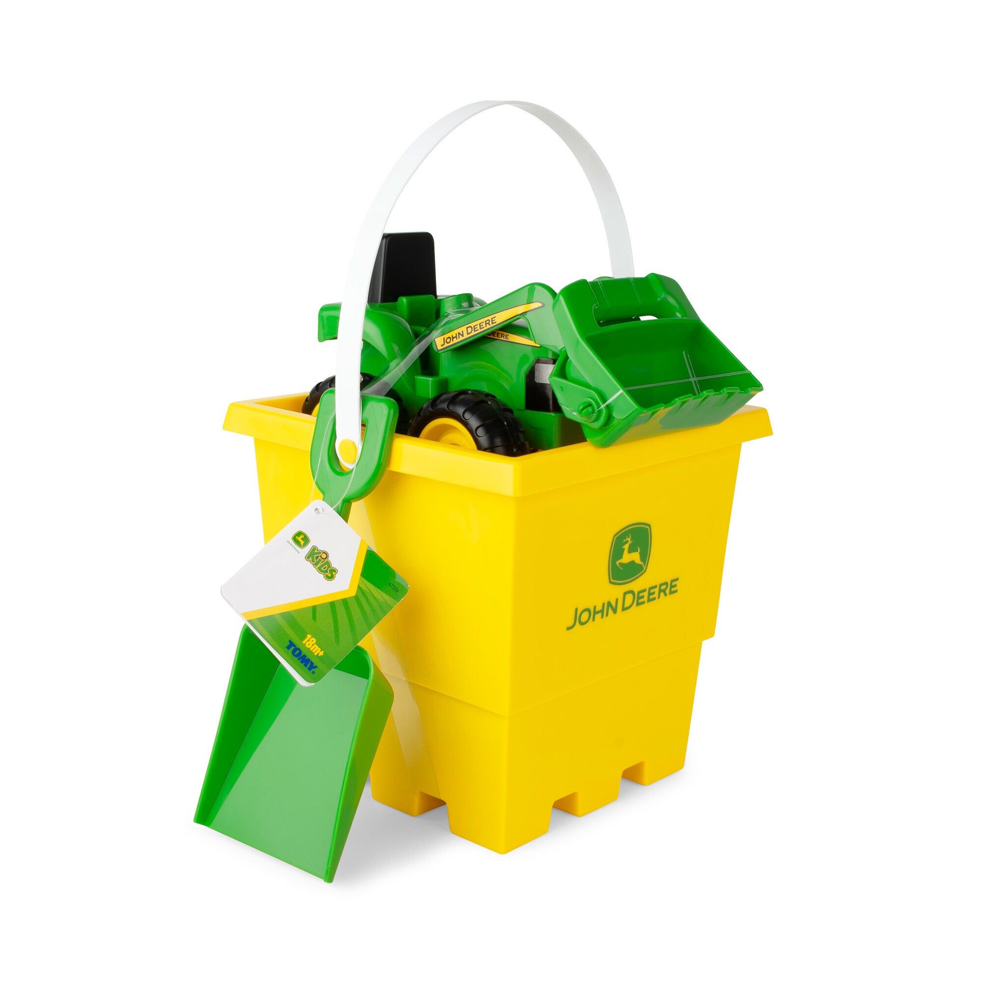 John Deere Sand Pit Fun Set: 15cm Yellow Bucket, Green Tractor & Shovel