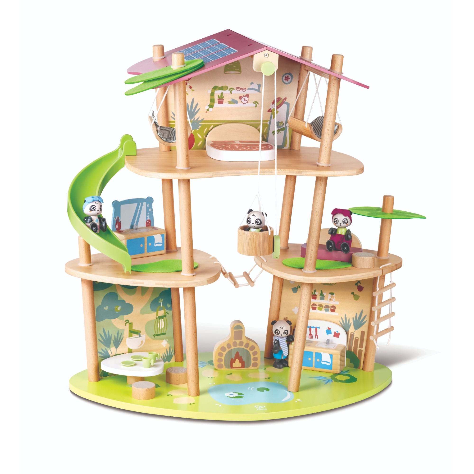 Hape Eco-Friendly 3-Level Green Planet Panda Bamboo Dollhouse Set