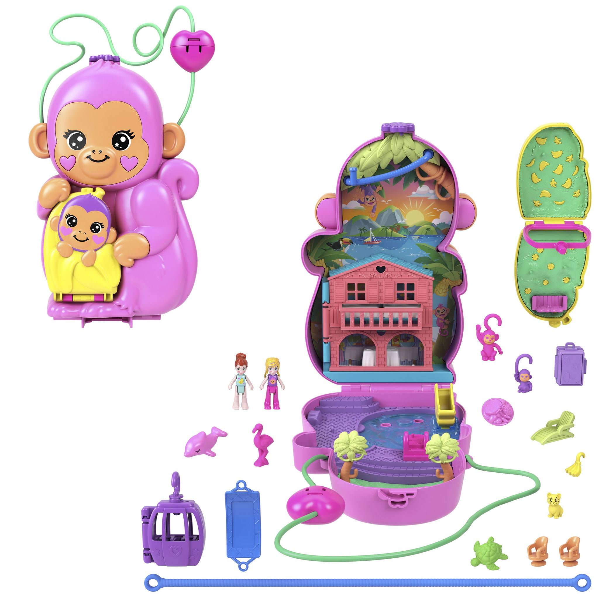 Hot Sale! Polly Pocket Wearable Compact Set with Momma Monkey & Baby Dolls