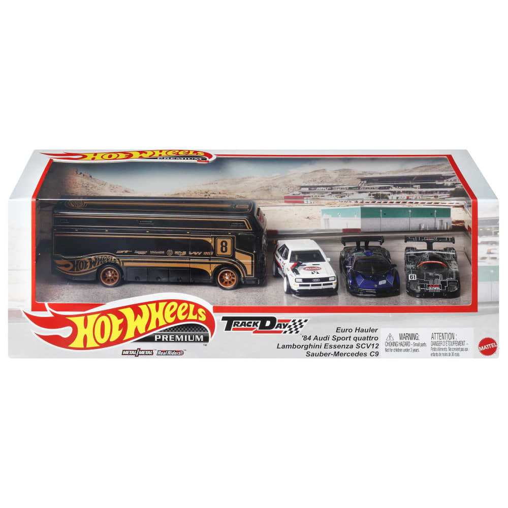 Hot Wheels Premium Collectible Track Day Euro Hauler Set - Great for Kids and Collectors