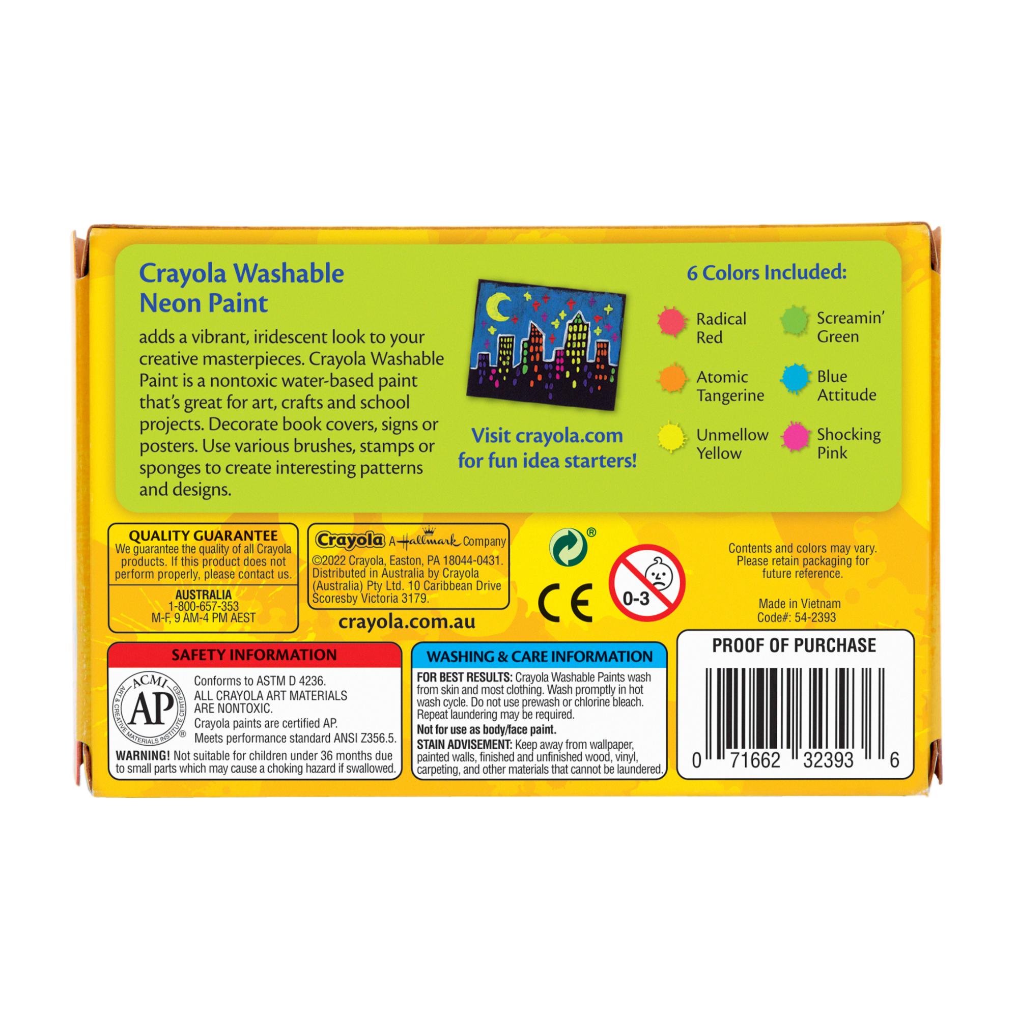6-Pack Crayola Washable Neon Paint Set - Ideal for Arts, Crafts & School Projects