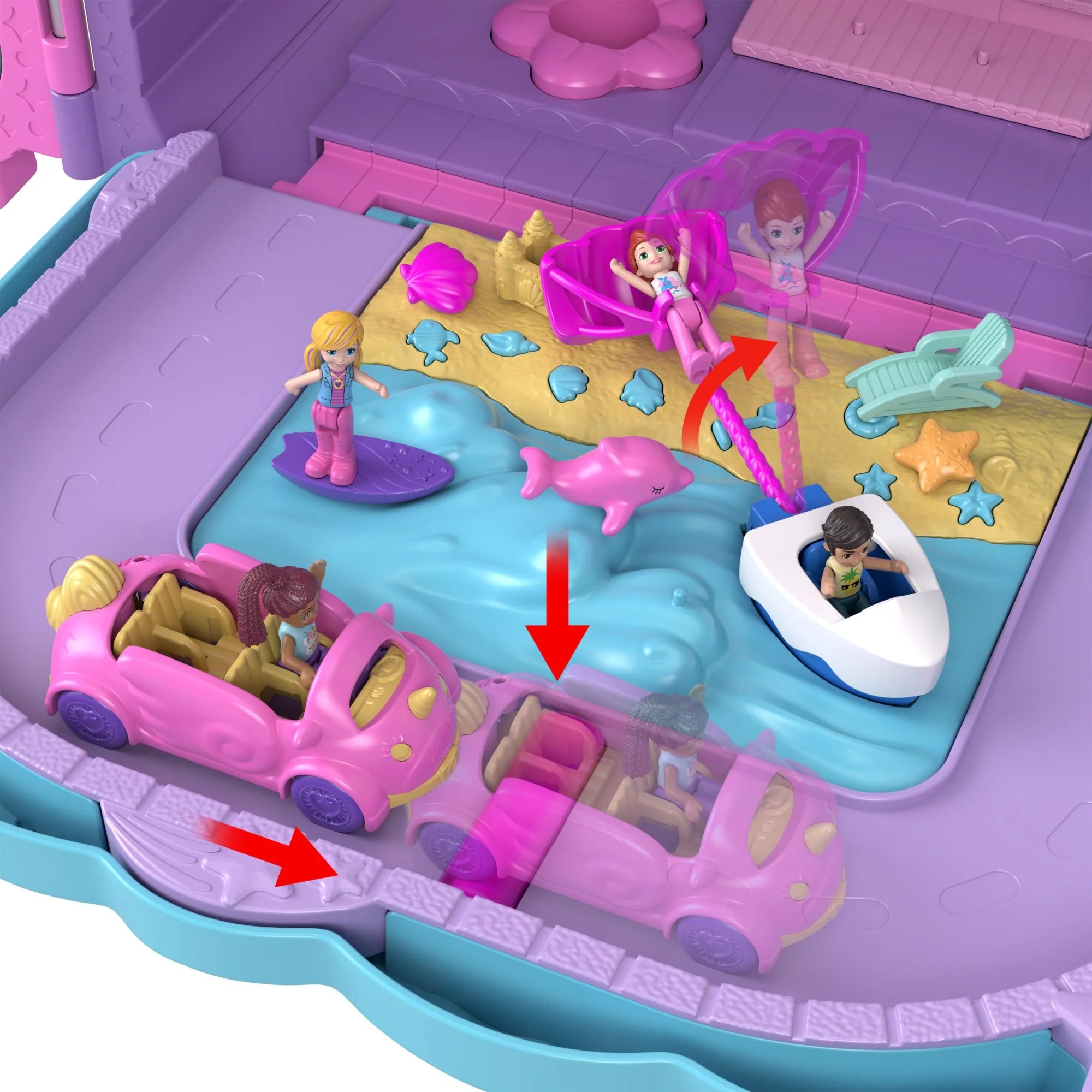 Polly Pocket Pollyville Resort Roll-Away Playset with 4 Dolls, 1 Vehicle & 25+ Accessories
