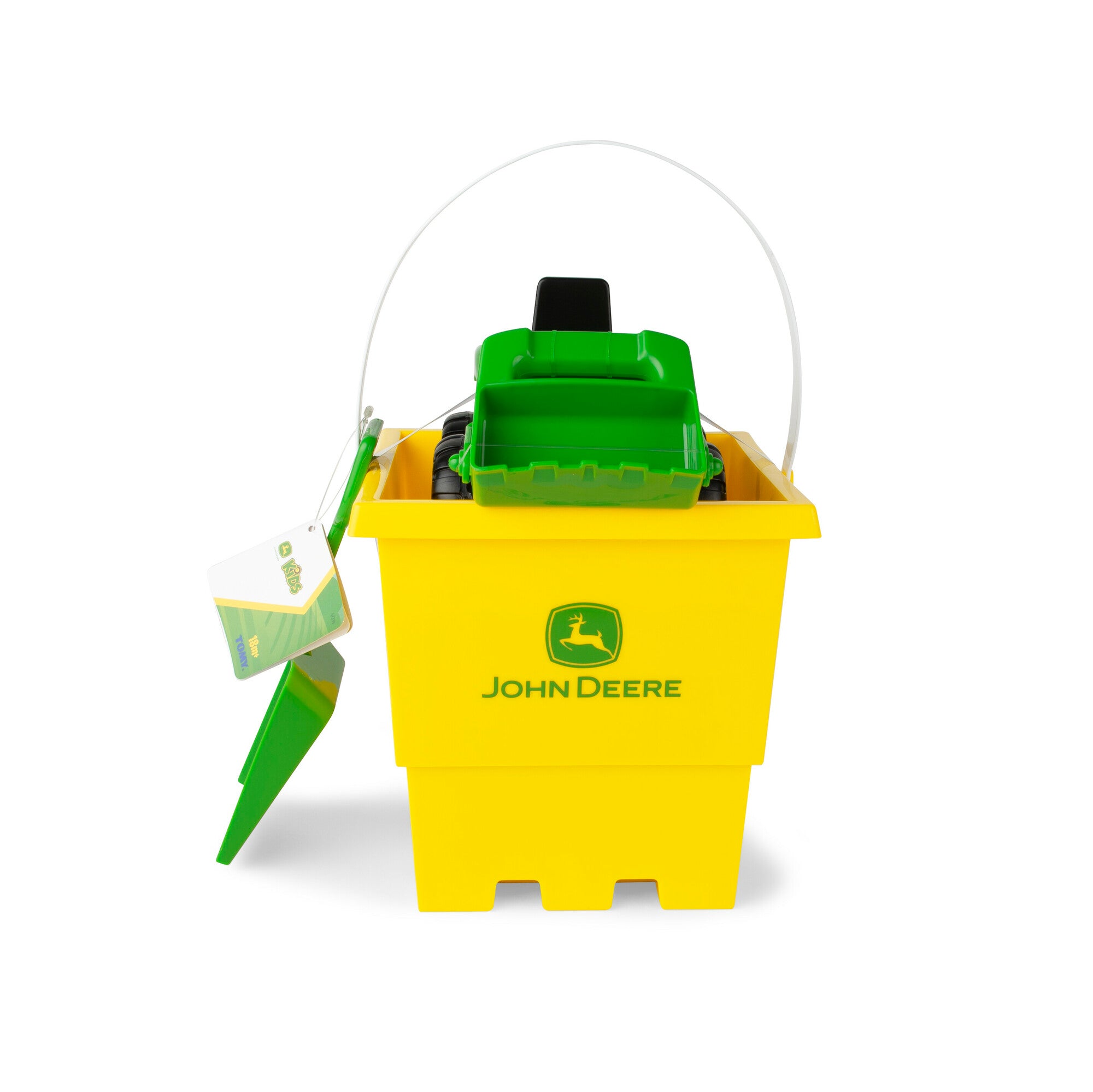 John Deere Sand Pit Fun Set: 15cm Yellow Bucket, Green Tractor & Shovel