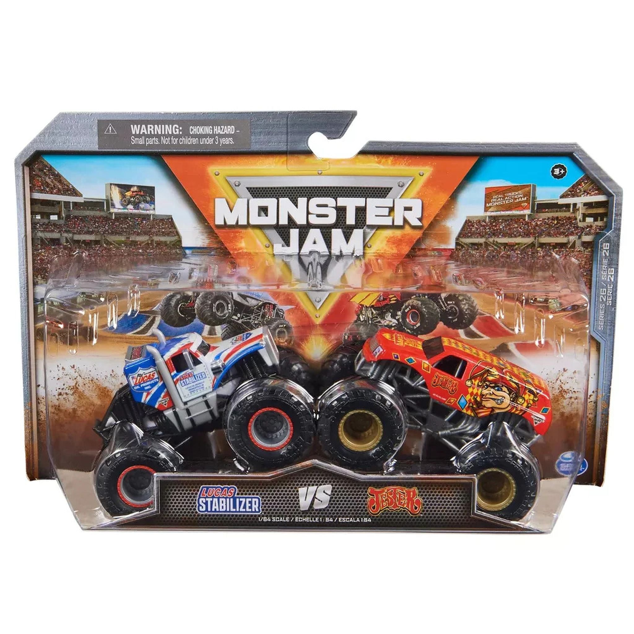 Hot Deal! 1:64 Scale Monster Jam 2-Pack - Lucas Stabilizer vs Jester Die-Cast Trucks