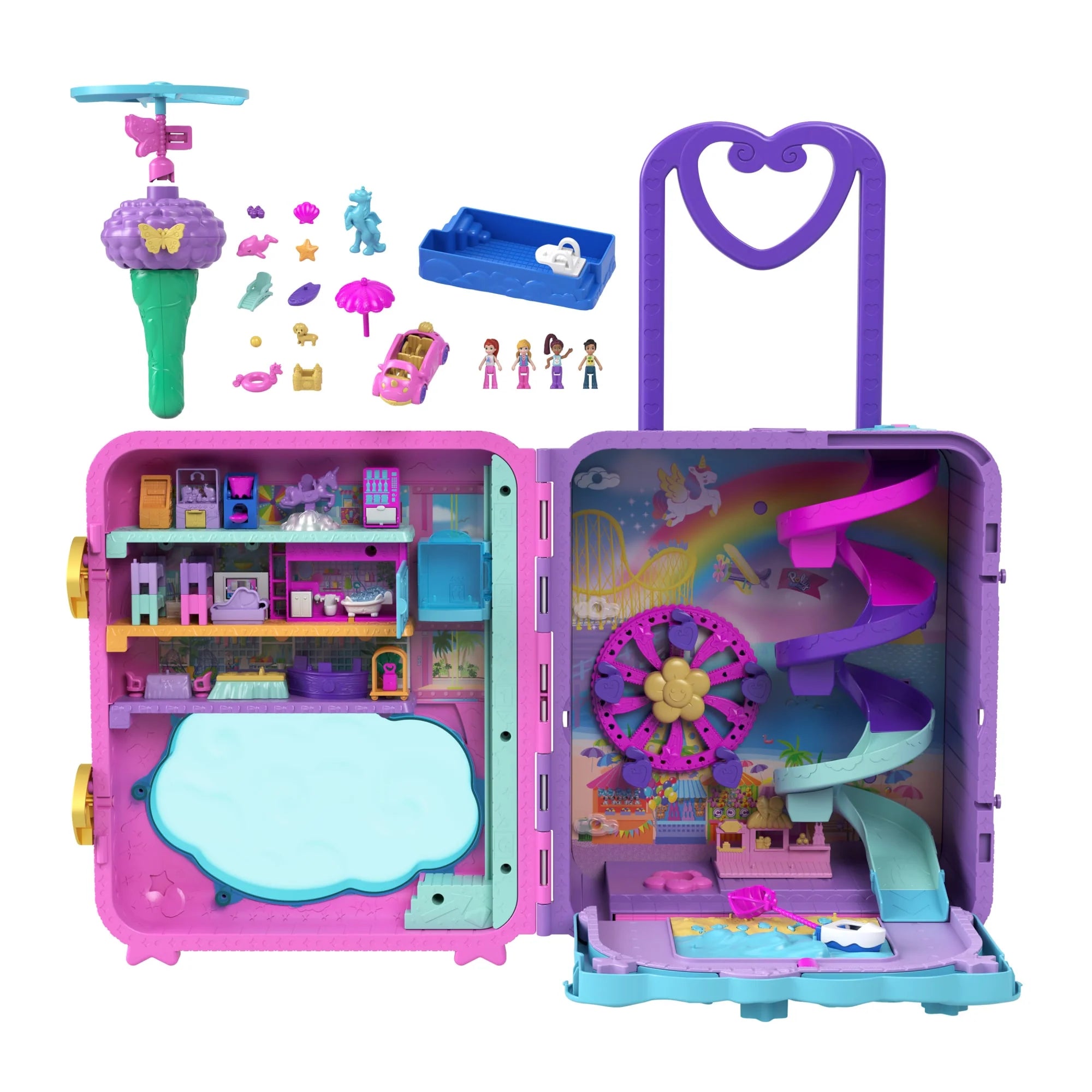 Polly Pocket Pollyville Resort Roll-Away Playset with 4 Dolls, 1 Vehicle & 25+ Accessories