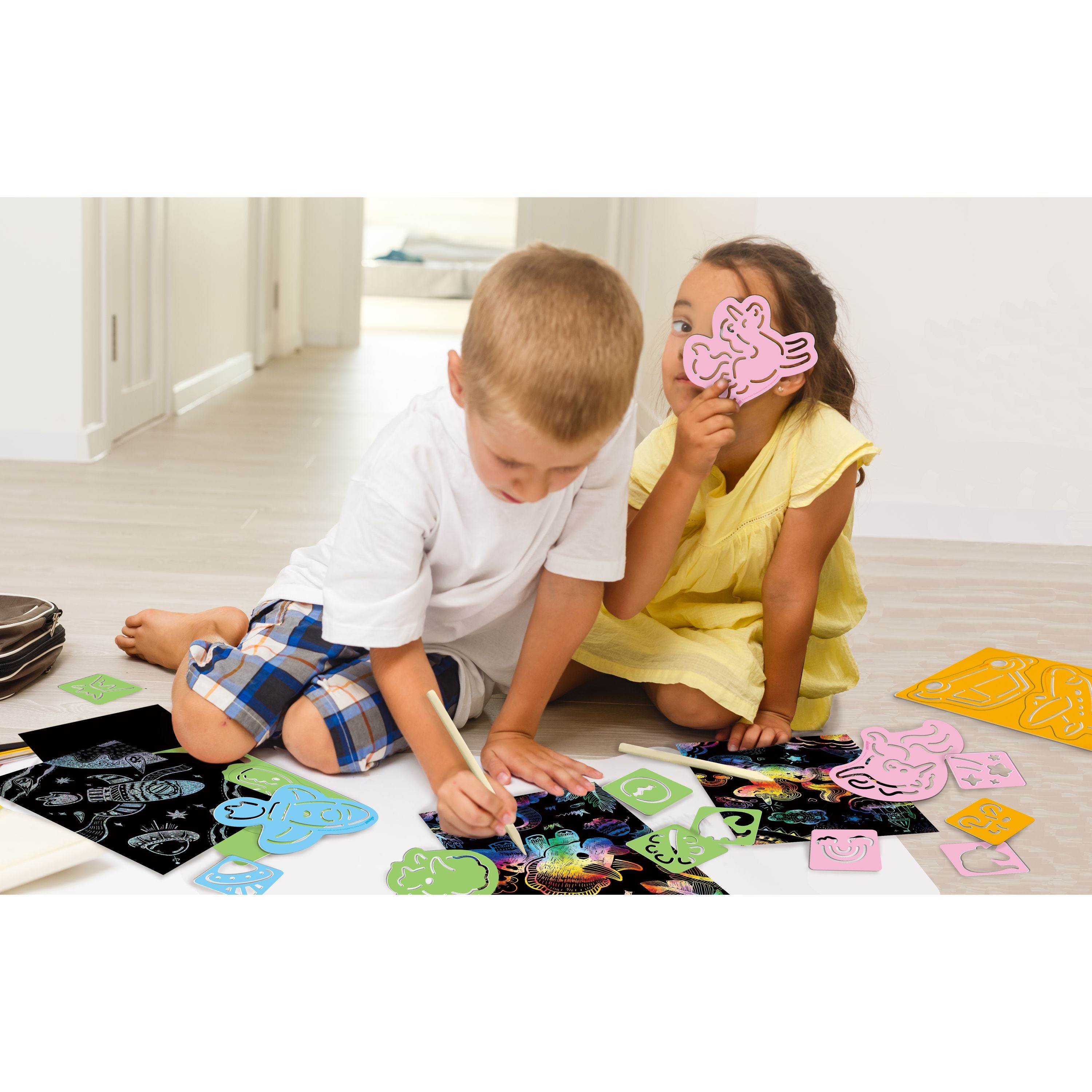 Hot Sale! Space Themed Scratch Drawing Kit with 8 Cool Space Stencils for Kids Aged 3+