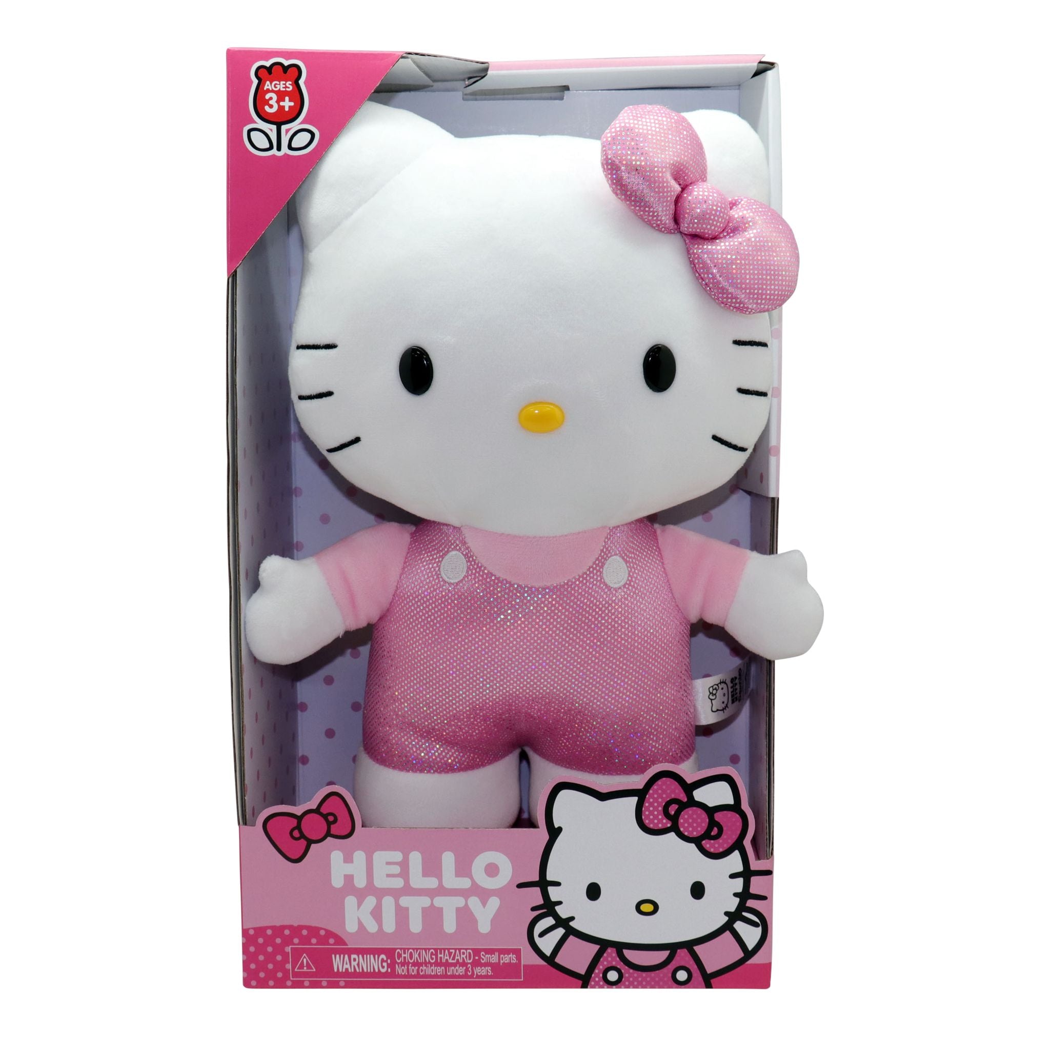 Limited Offer! Medium-sized Hello Kitty Plush in Sparkly Pink Spot Overalls