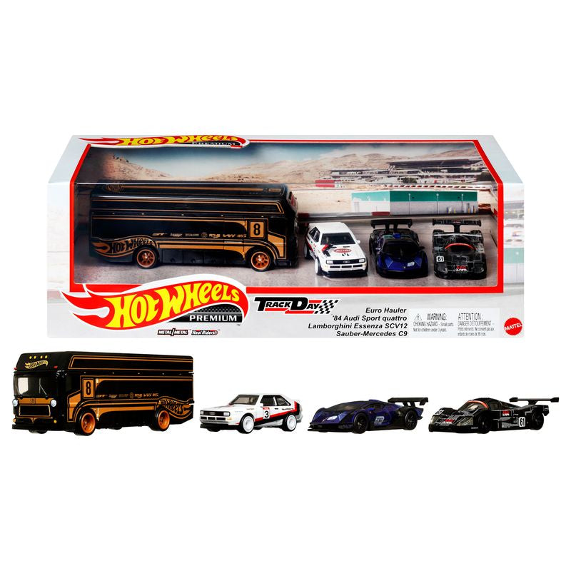 Hot Wheels Premium Collectible Track Day Euro Hauler Set - Great for Kids and Collectors