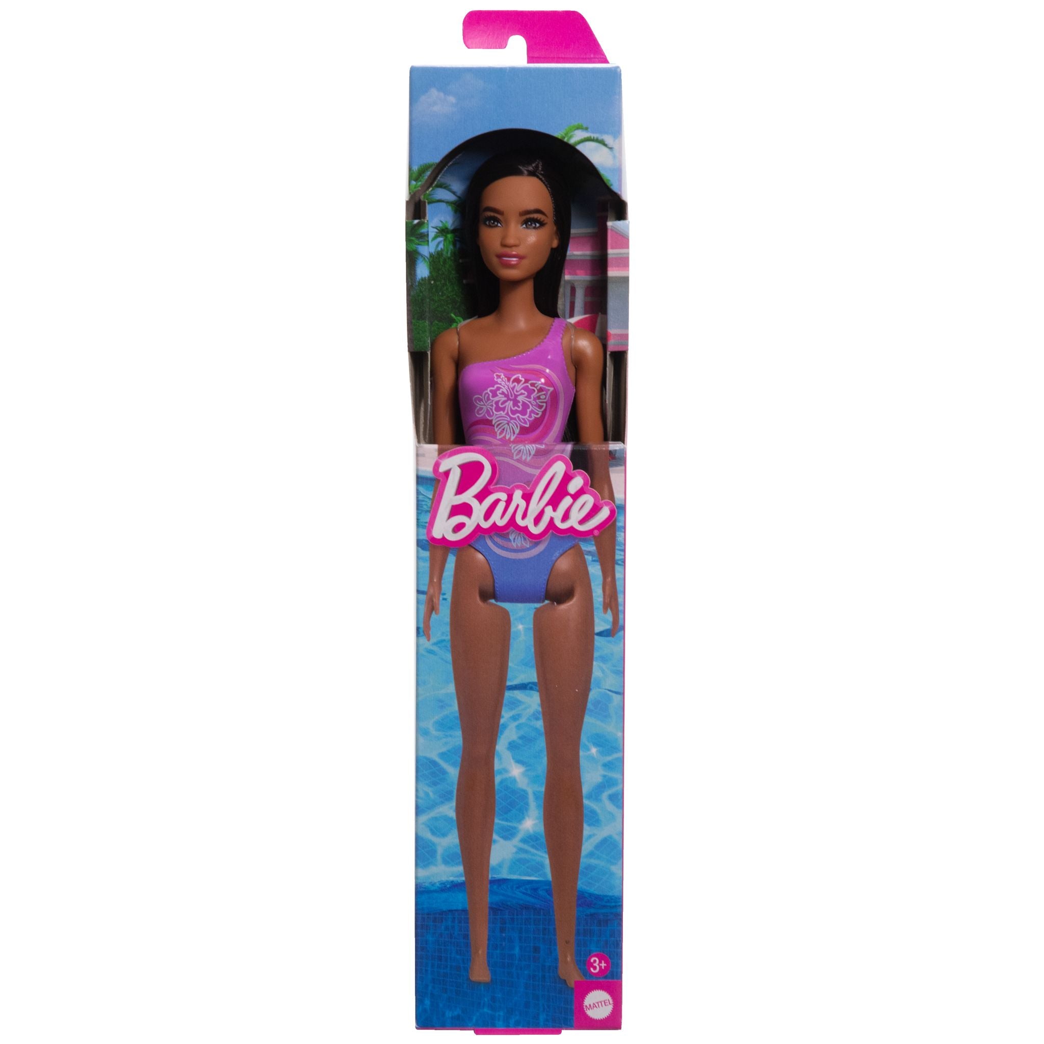 Barbie Doll in a Stunning Purple Patterned Beach Swimsuit