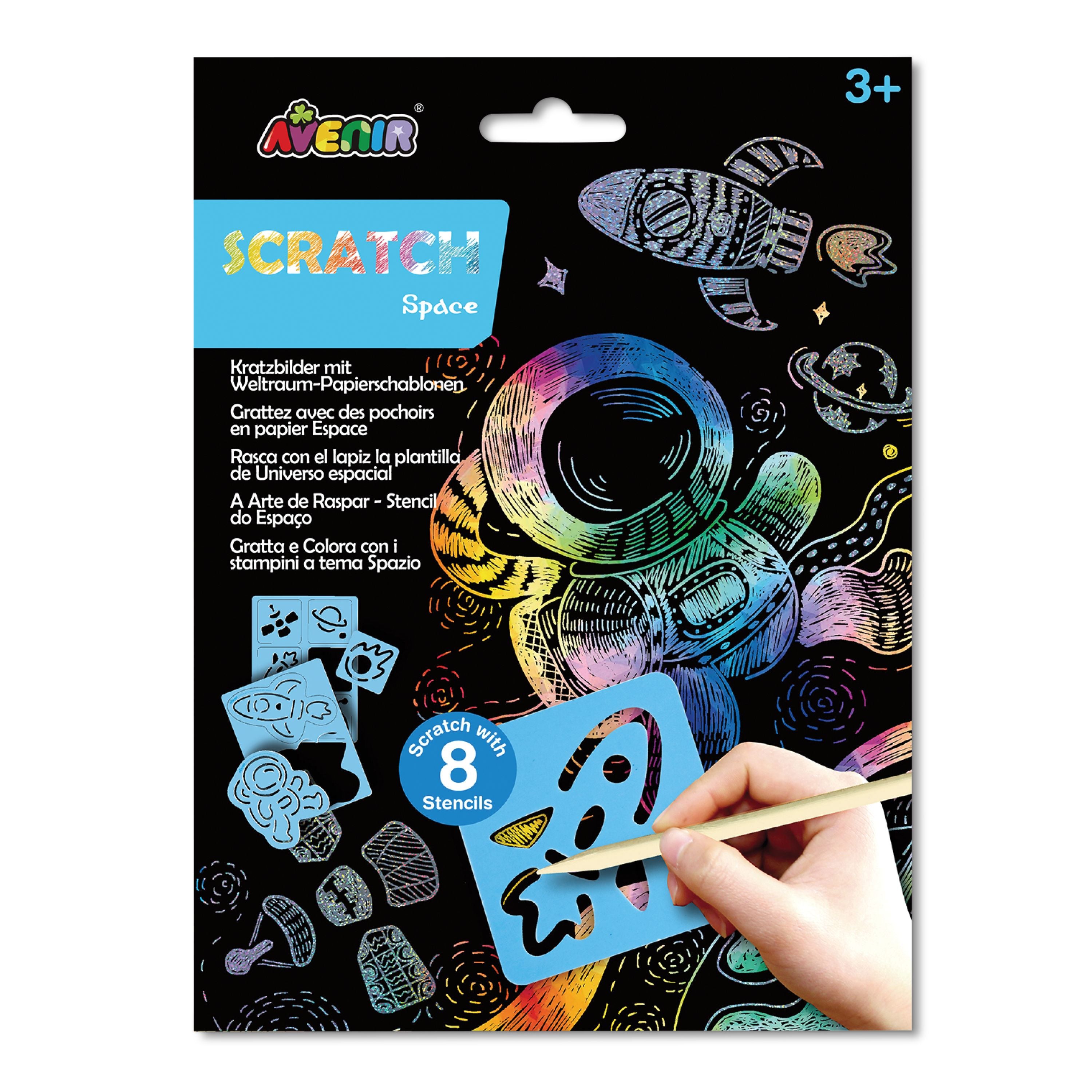 Hot Sale! Space Themed Scratch Drawing Kit with 8 Cool Space Stencils for Kids Aged 3+