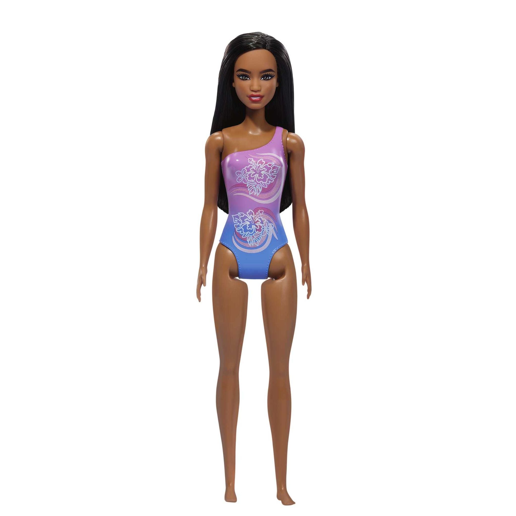 Barbie Doll in a Stunning Purple Patterned Beach Swimsuit