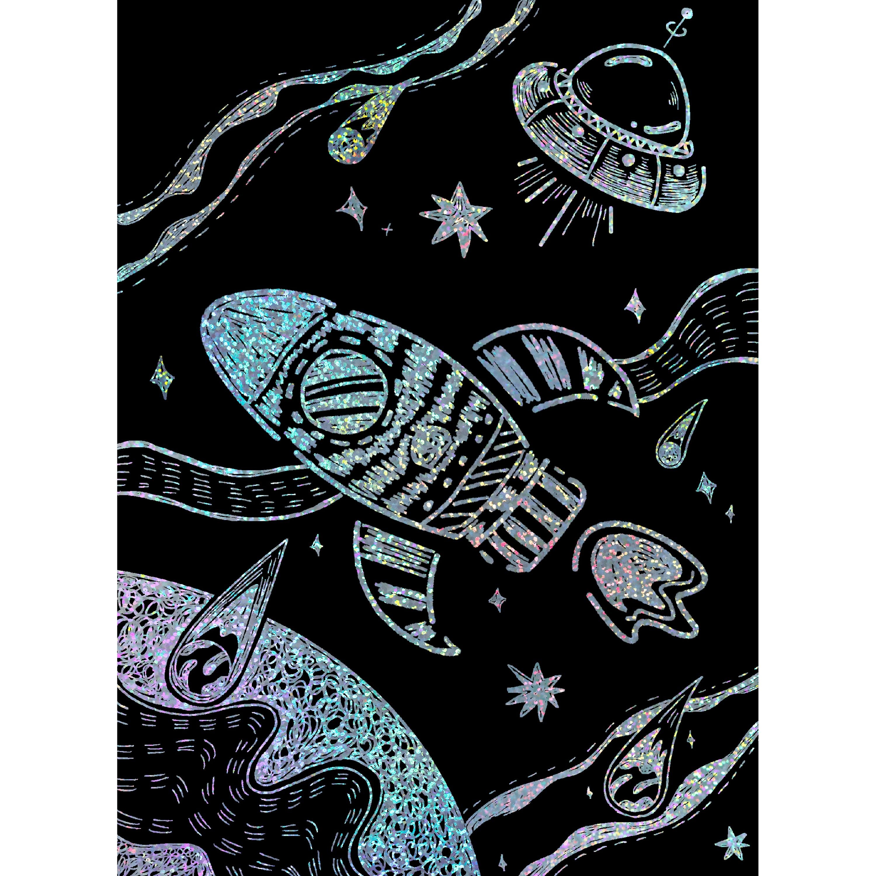 Hot Sale! Space Themed Scratch Drawing Kit with 8 Cool Space Stencils for Kids Aged 3+