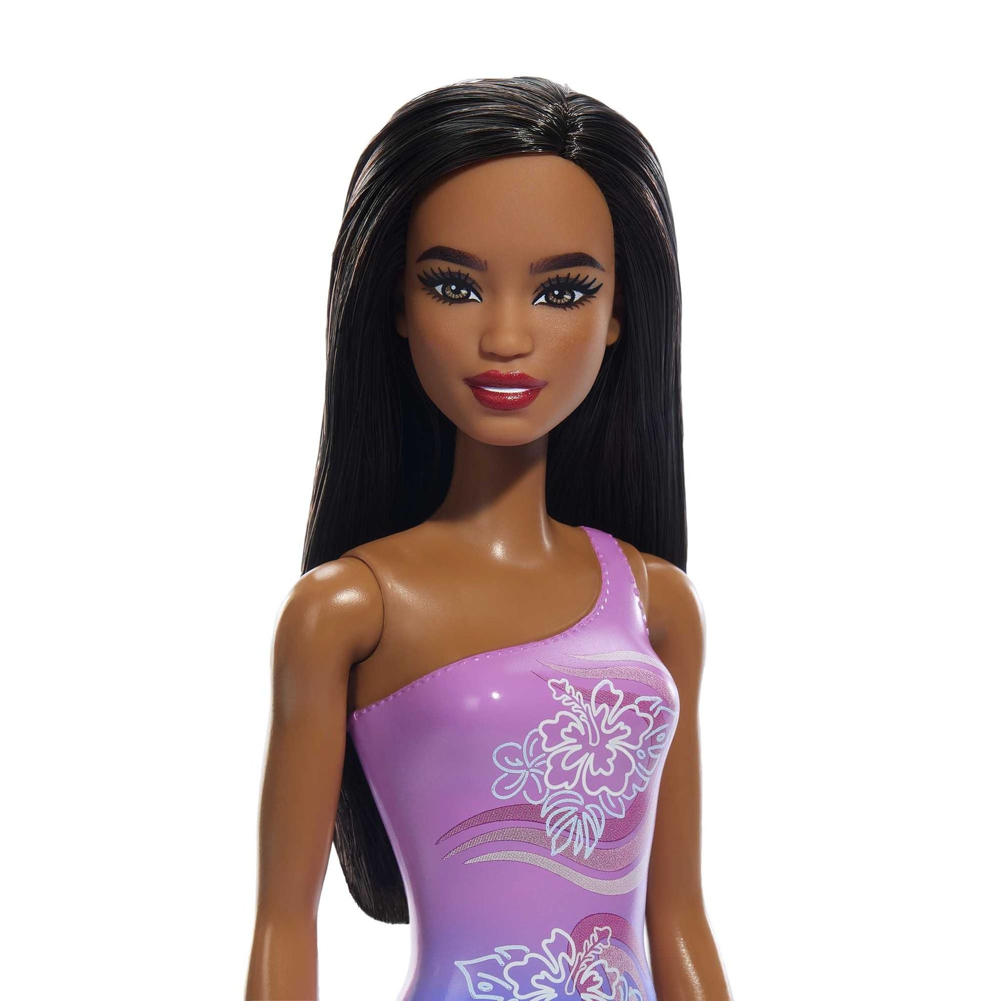 Barbie Doll in a Stunning Purple Patterned Beach Swimsuit