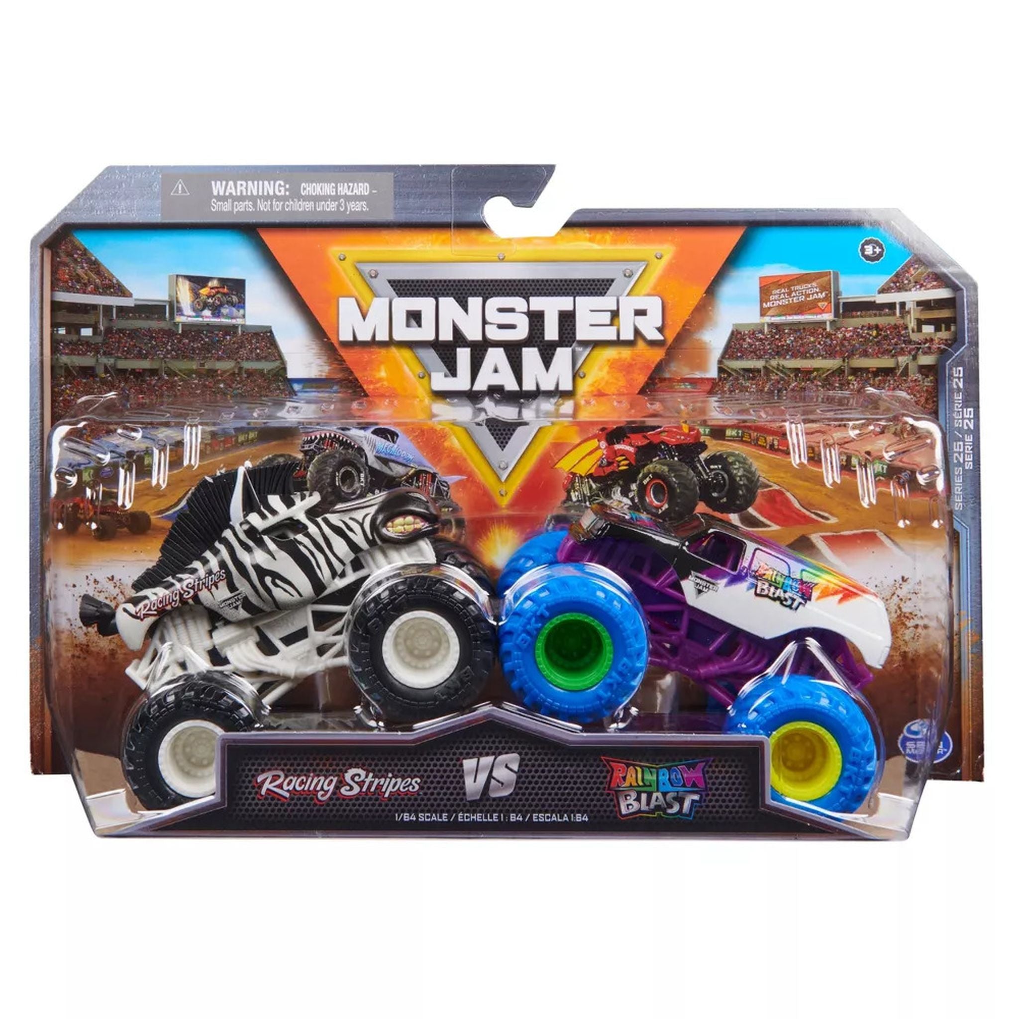 Monster Jam 1:64 Scale 2-Pack: Racing Stripes vs Rainbow Blast Trucks