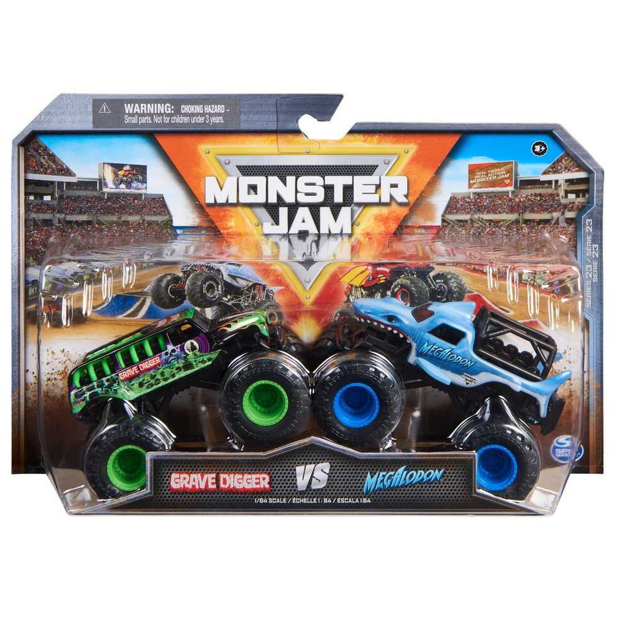 Exclusive Monster Jam 1:64 2-Pack: Grave Digger vs Megalodon