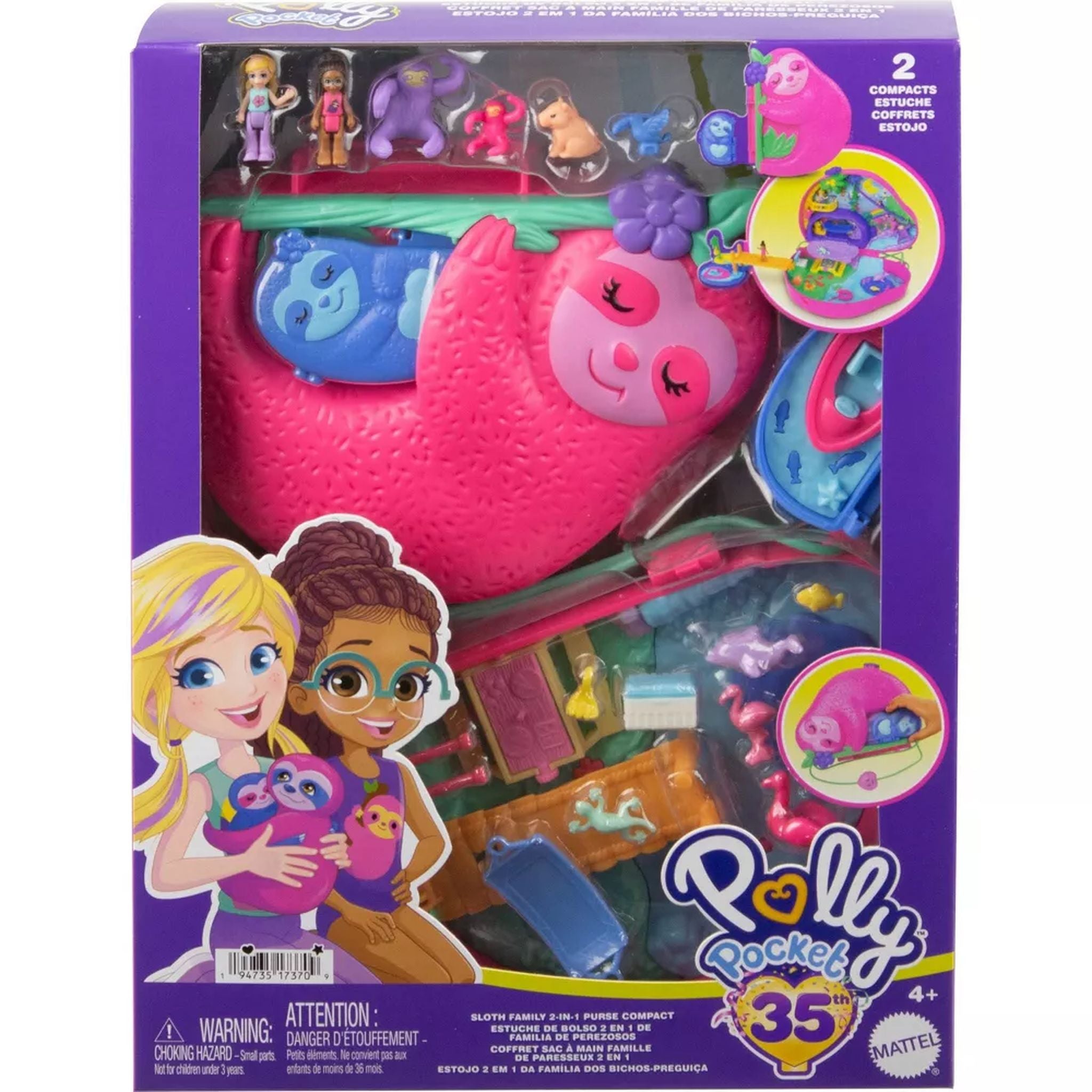 Adorable Polly Pocket 2 - In - 1 Wearable Sloth Family Compact Toy