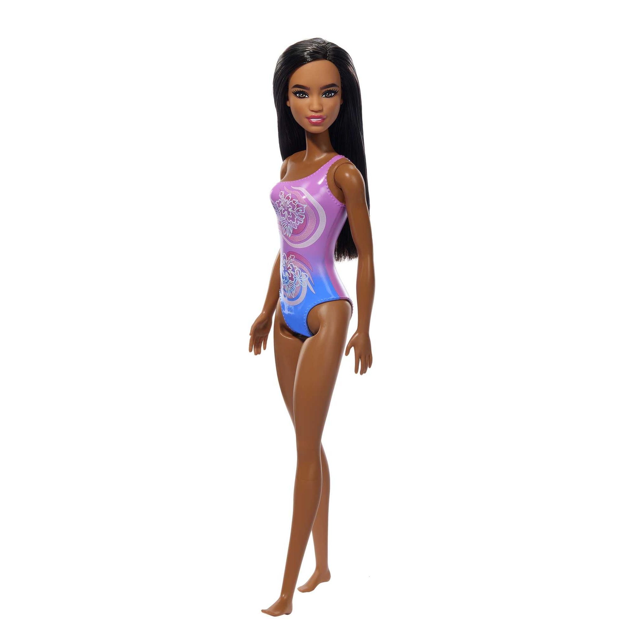 Barbie Doll in a Stunning Purple Patterned Beach Swimsuit