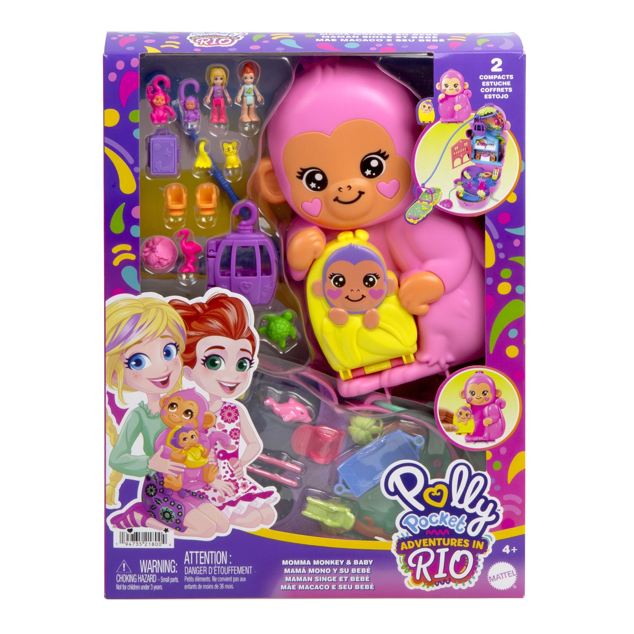 Hot Sale! Polly Pocket Wearable Compact Set with Momma Monkey & Baby Dolls