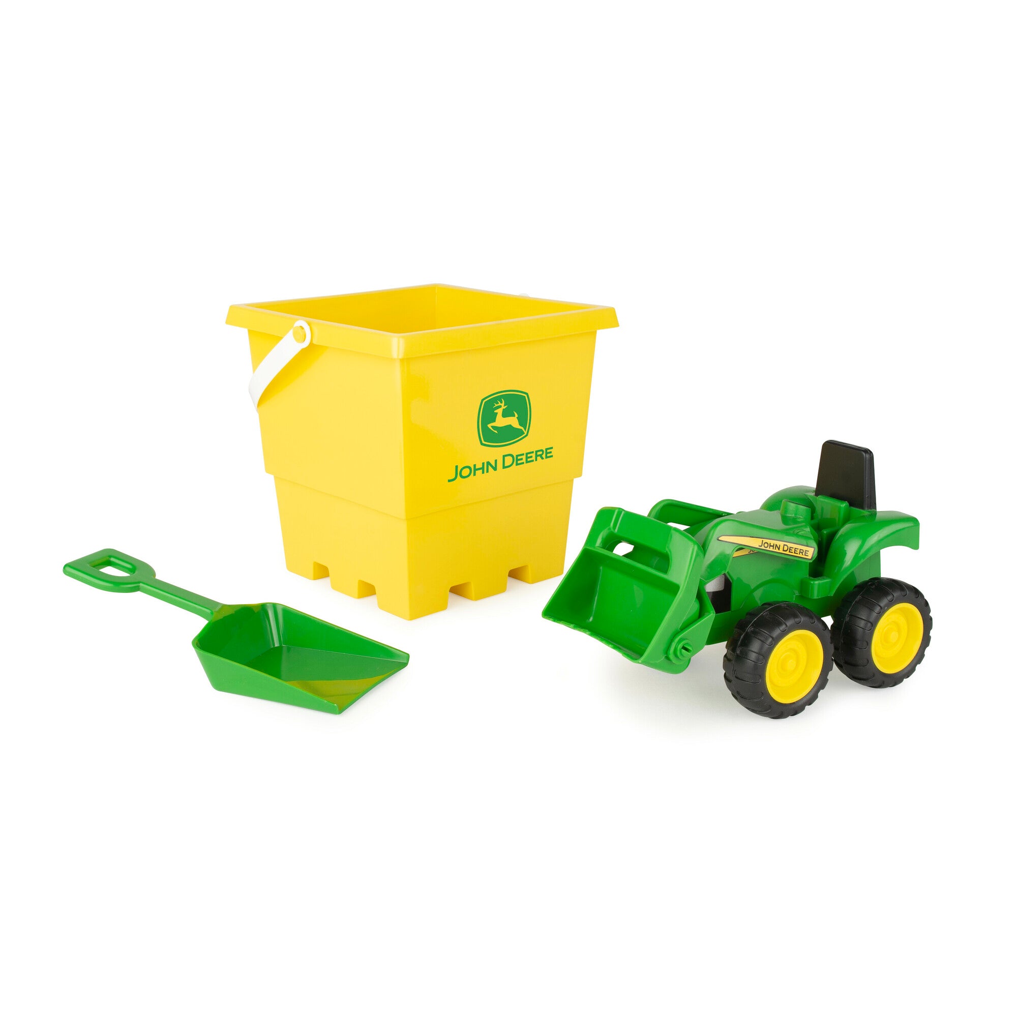 John Deere Sand Pit Fun Set: 15cm Yellow Bucket, Green Tractor & Shovel