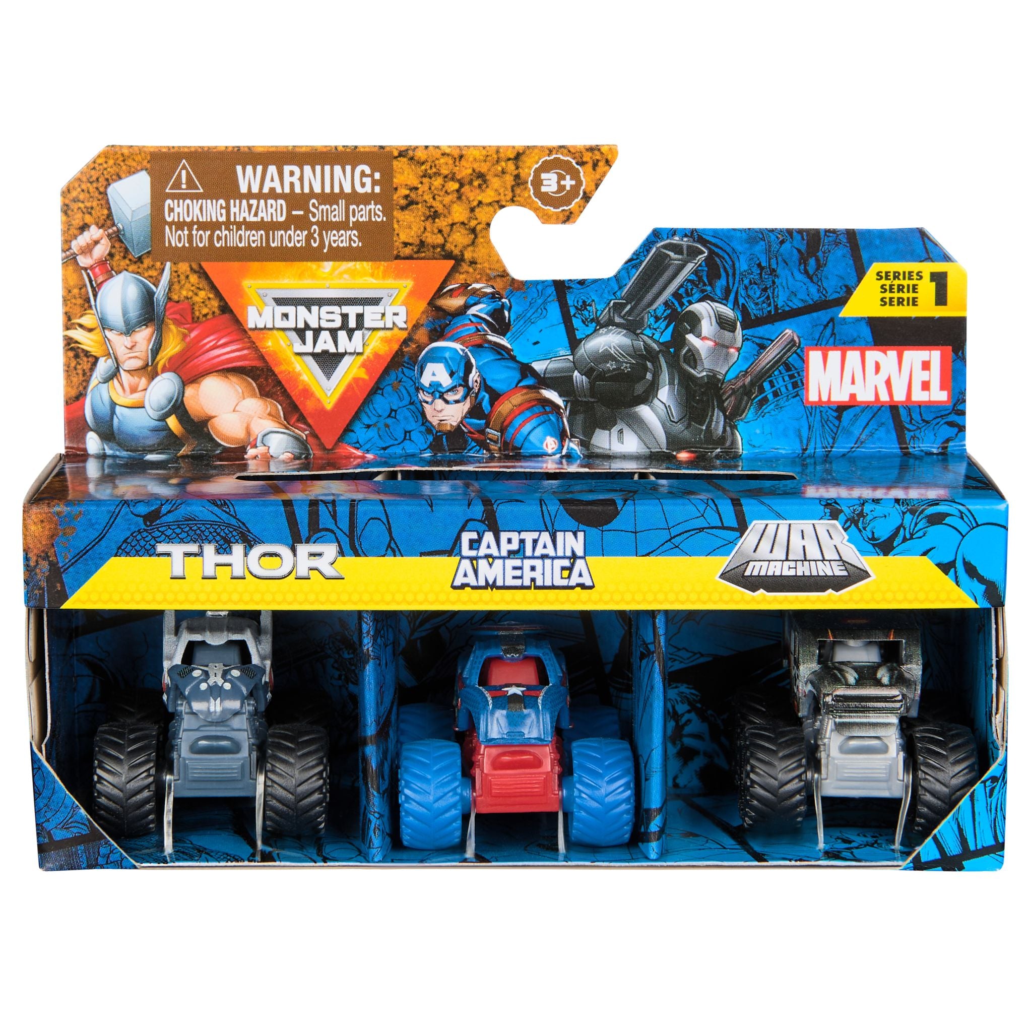 Monster Jam Mini Marvel 3-Pack Bundle: Thor, Captain America, & War Machine Die-Cast Trucks