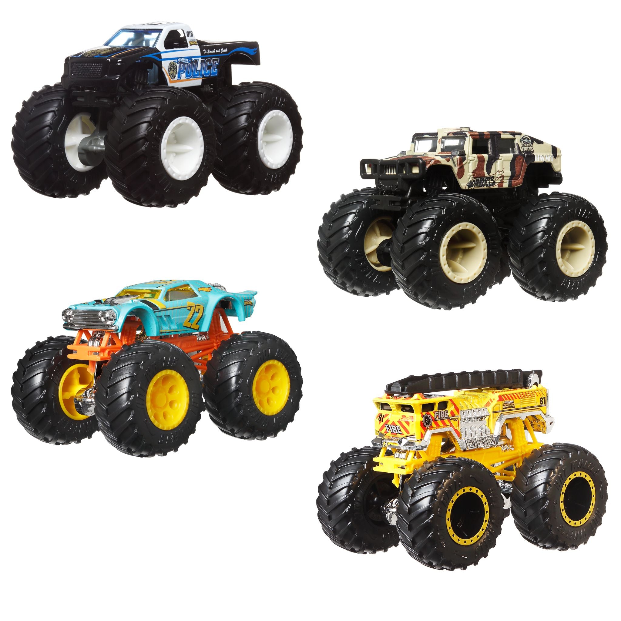 Hot Wheels 1:64 Scale Monster Trucks Alarm Squad 4-Pack - Ideal Gift for Kids