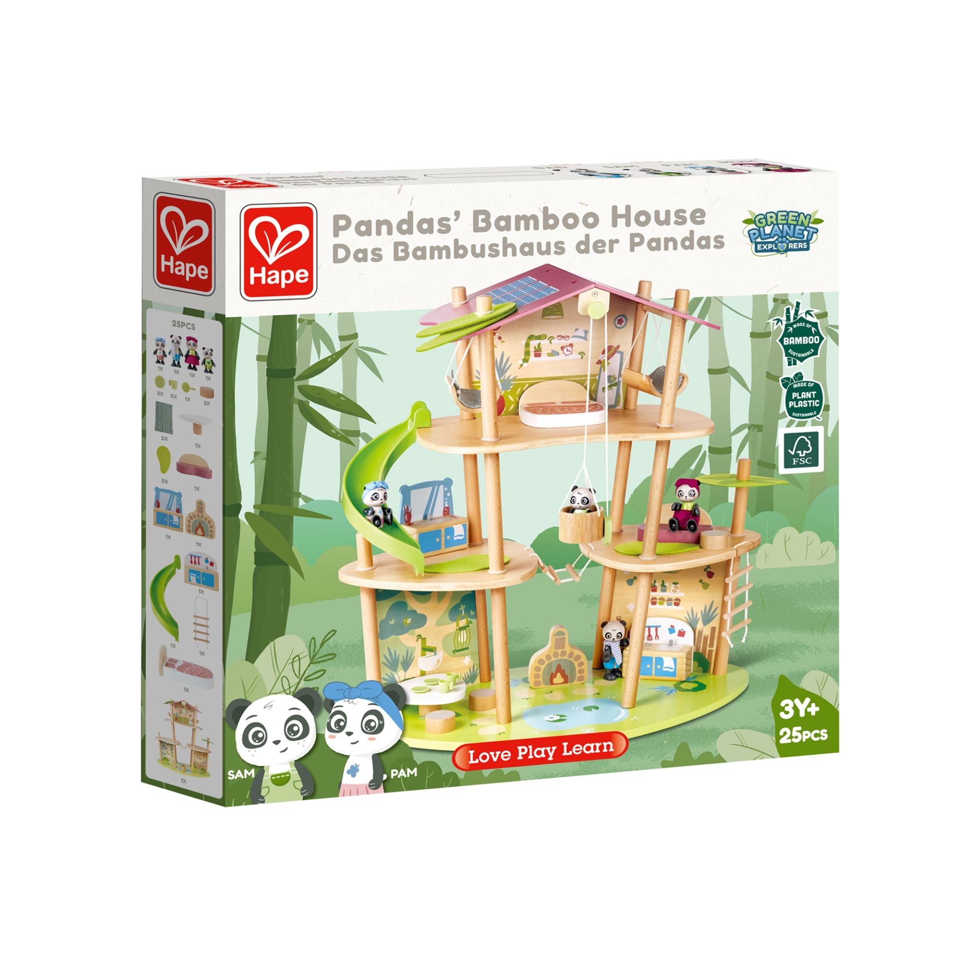 Hape Eco-Friendly 3-Level Green Planet Panda Bamboo Dollhouse Set