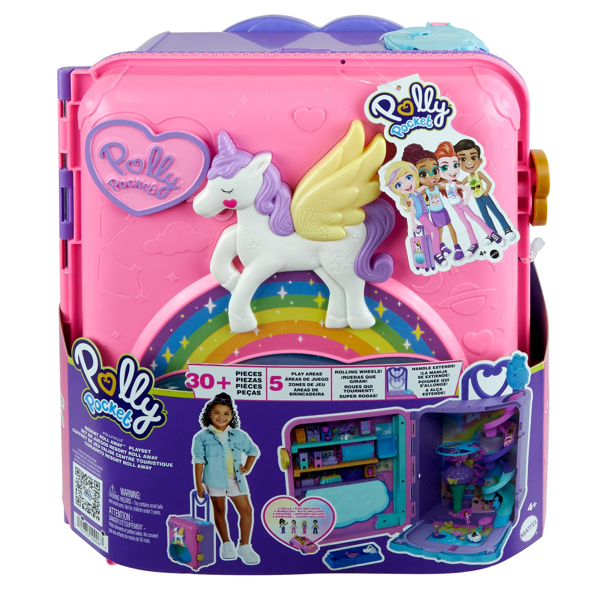 Polly Pocket Pollyville Resort Roll-Away Playset with 4 Dolls, 1 Vehicle & 25+ Accessories
