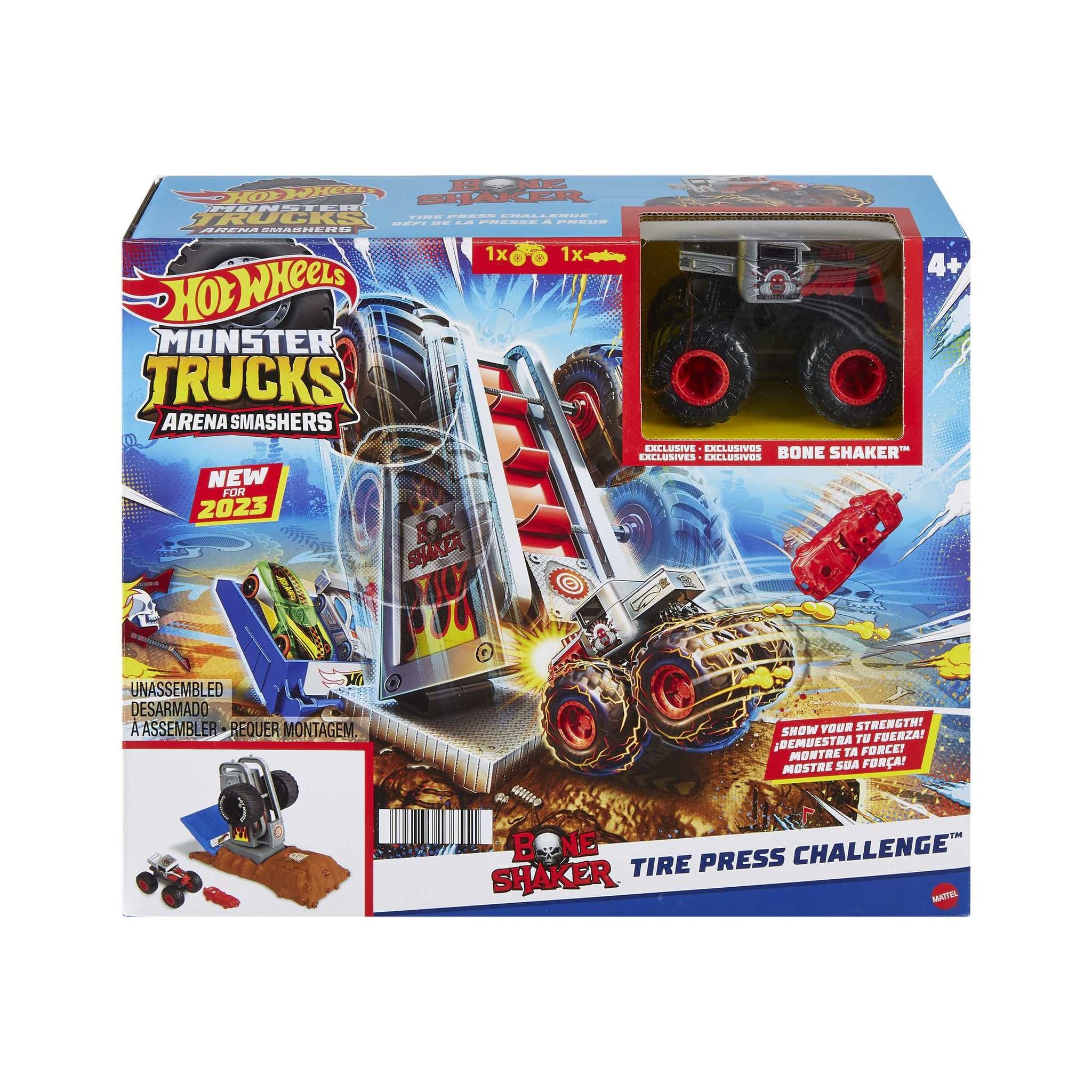 Hot Wheels Monster Trucks Arena Smashers Bone Shaker Tire Press Challenge - Exciting Playset for Kids