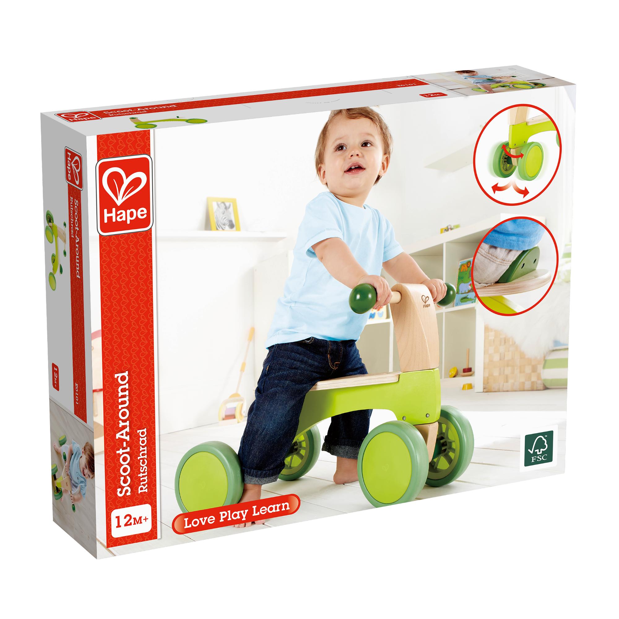 Hape Wooden Four - Wheel Push Scooter for 12+ Months Toddlers