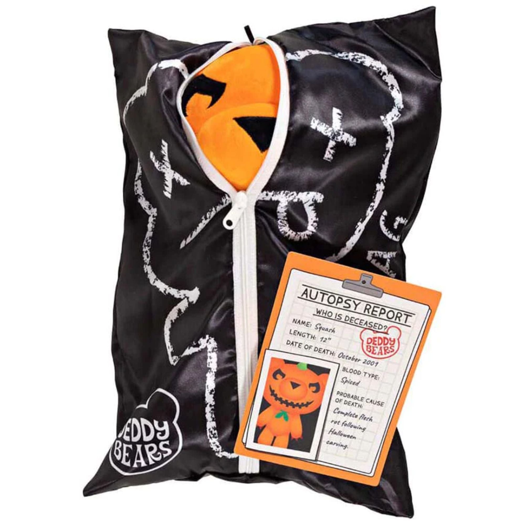 Hot Sale! 30cm Squash Deddy Bear Plush with Body Bag and Autopsy Report for Spooky Season