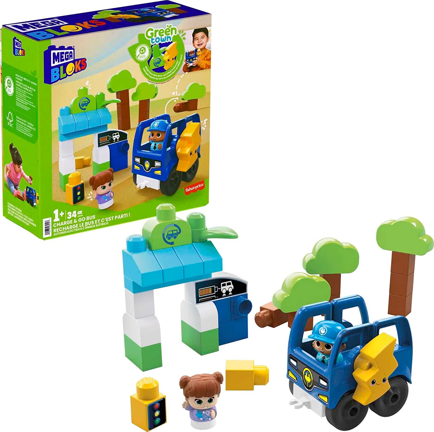 MEGA Bloks Green Town Electric Charge-and-Go Bus Set for Toddlers