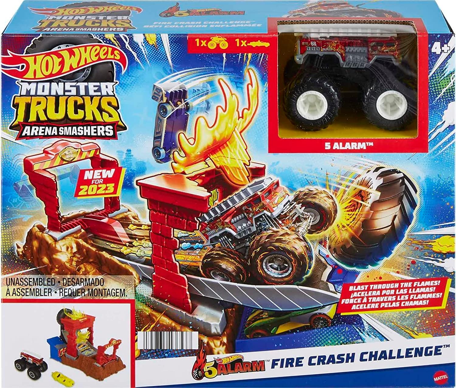 Hot Wheels Monster Trucks Arena Smashers 5 Alarm Fire Crash Challenge Playset - Great Gift for Kids