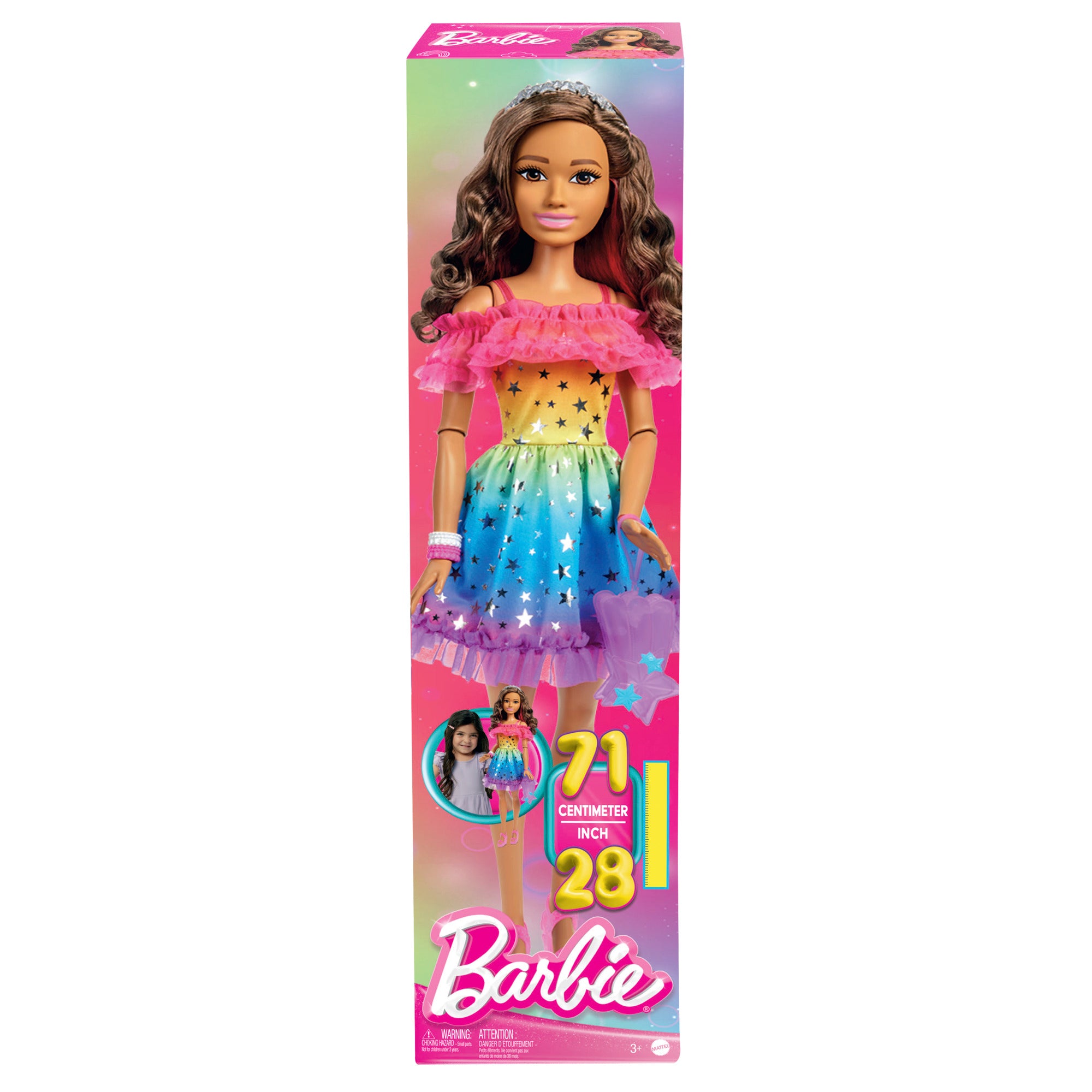 28-Inch Barbie Doll with Brown Hair in a Starry Rainbow Dress