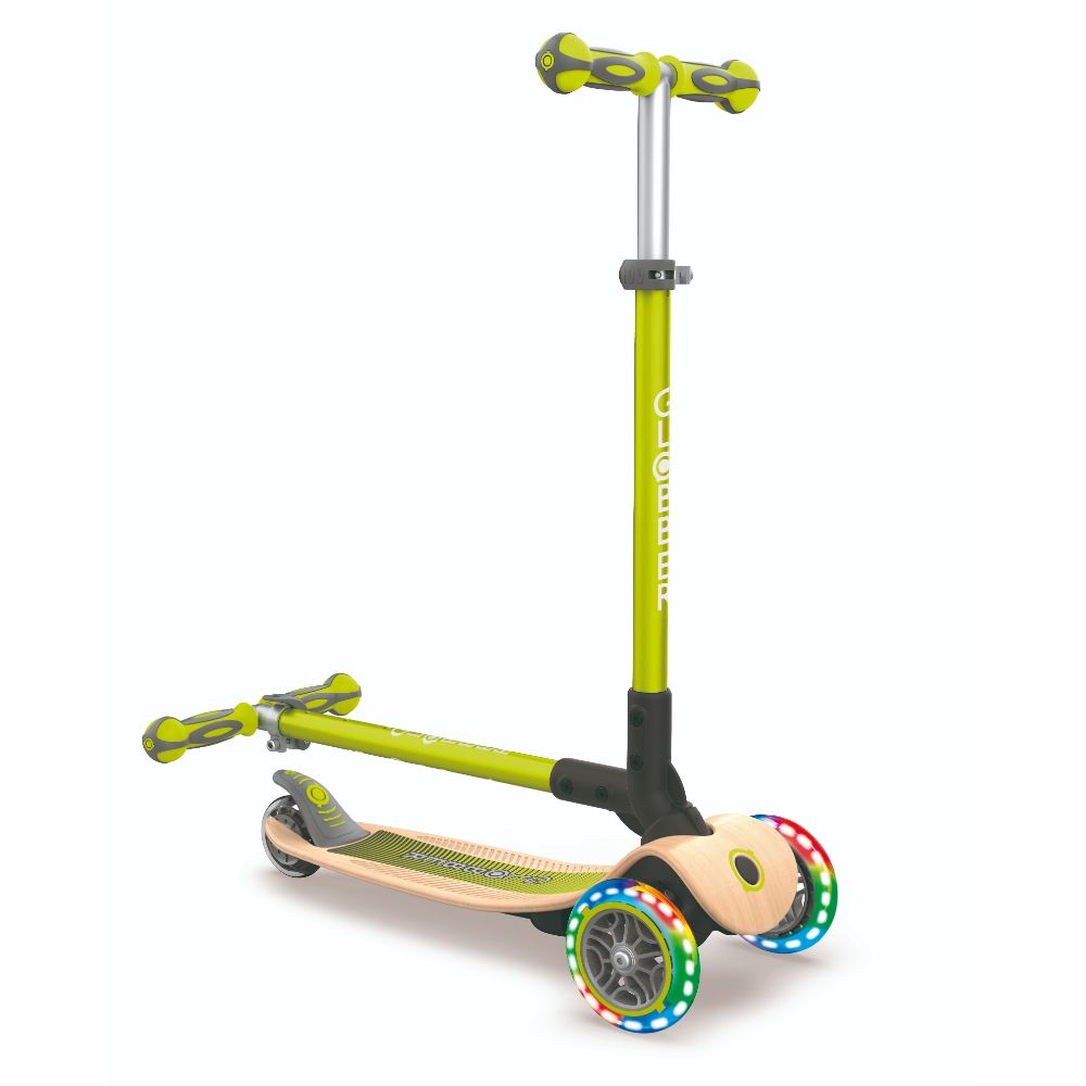 Hot Sale! Globber Primo Foldable Scooter - Green, Wooden Deck with Lights