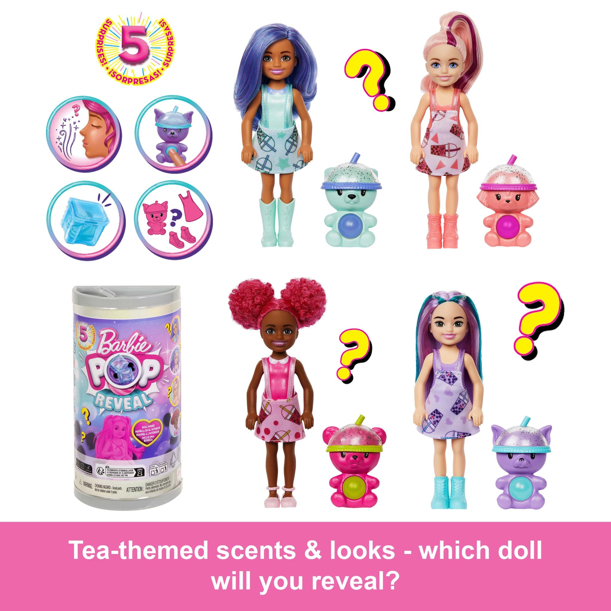 Hot Sale! Barbie Chelsea Pop Reveal Bubble Tea Series Doll Assortment with Five Surprises