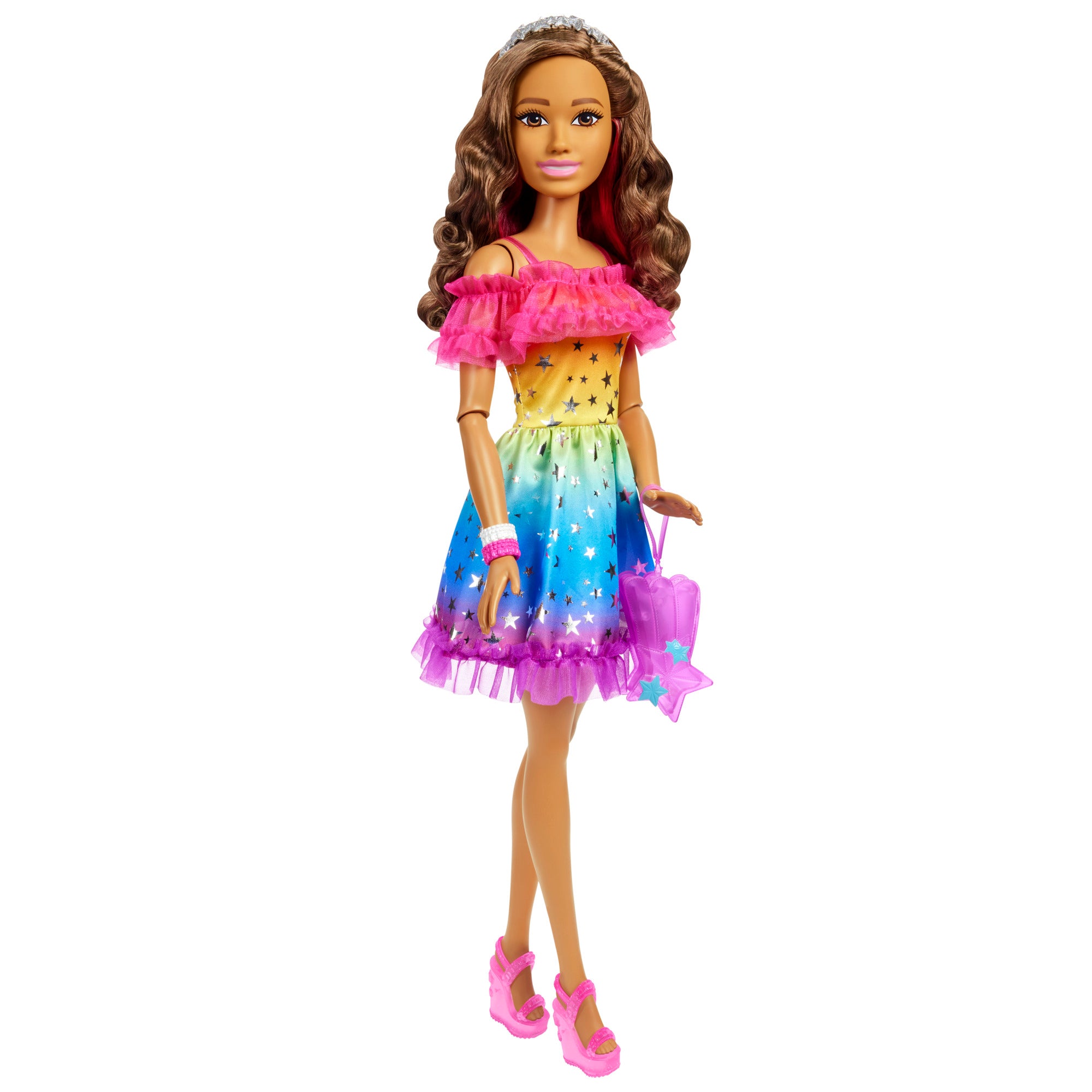 28-Inch Barbie Doll with Brown Hair in a Starry Rainbow Dress