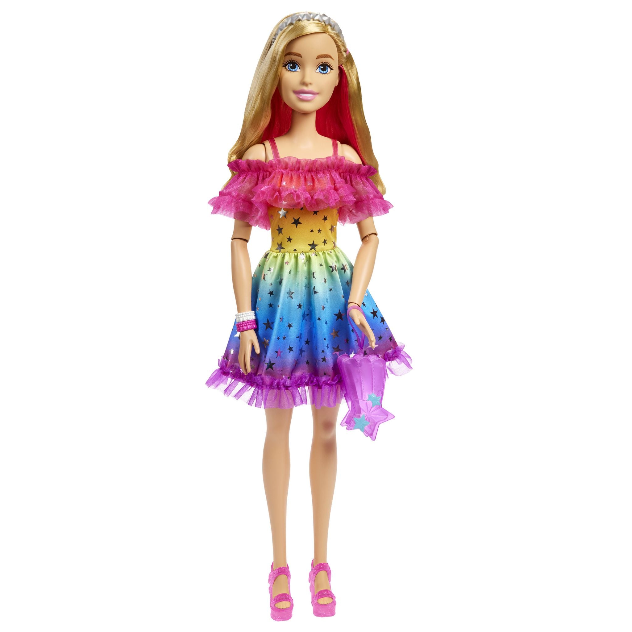 28-Inch Poseable Barbie Doll with Rainbow Starry Dress and Accessories