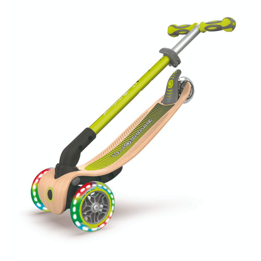 Hot Sale! Globber Primo Foldable Scooter - Green, Wooden Deck with Lights