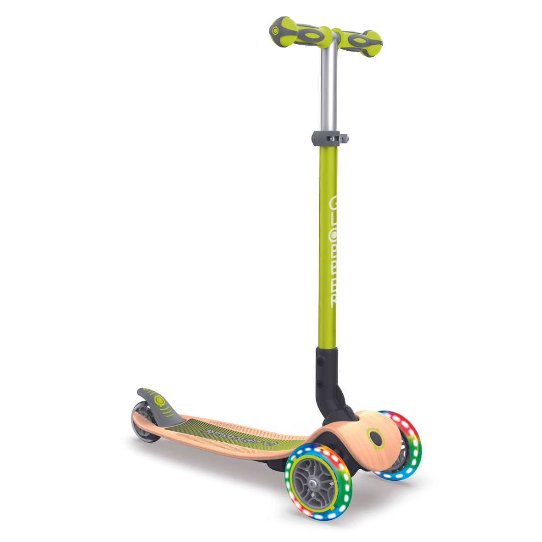 Hot Sale! Globber Primo Foldable Scooter - Green, Wooden Deck with Lights
