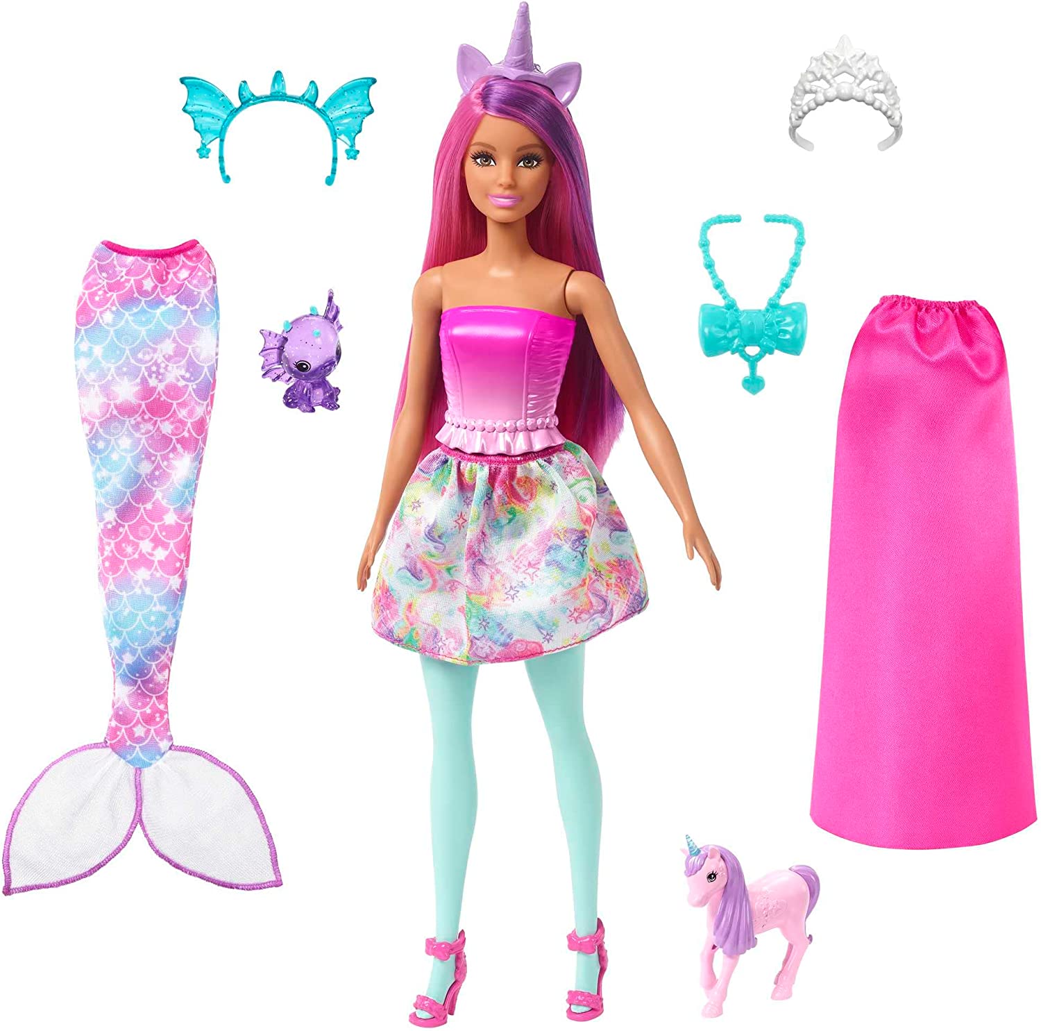 Hot! Barbie Fairytale Dress-Up Doll with Mermaid Tail & Skirts