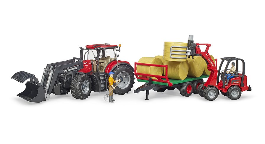 Hot! Bruder Case Tractor with Front Loader & Bale Trailer Set
