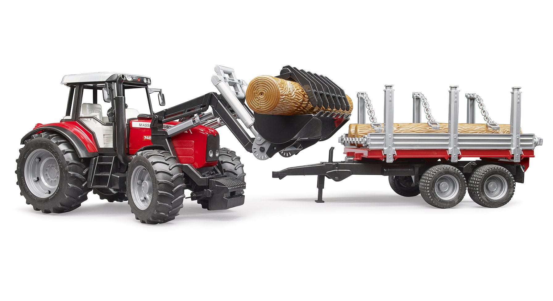 Hot! Bruder 1:16 Massey Ferguson 7480 with Front Loader & Timber Trailer Set