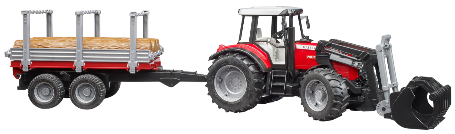 Hot! Bruder 1:16 Massey Ferguson 7480 with Front Loader & Timber Trailer Set