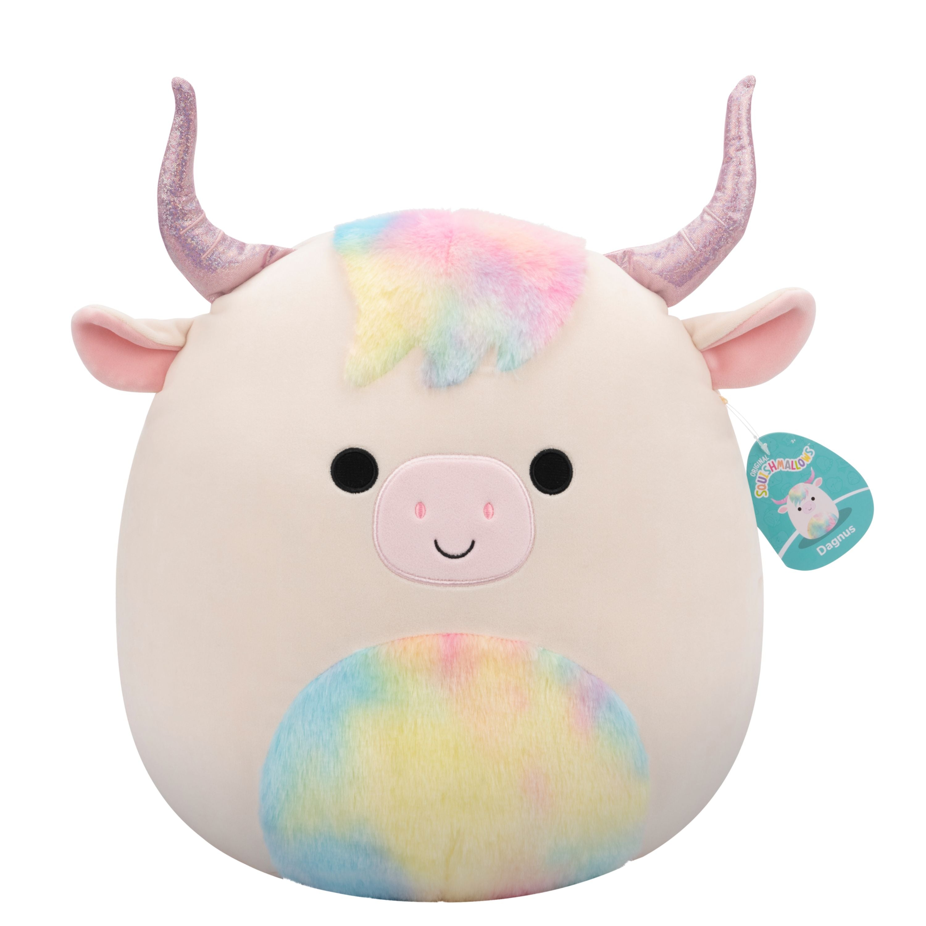 14-Inch Squishmallows Series 20 Dagnus Tan Highland Cow with Tie-Dye Rainbow Belly