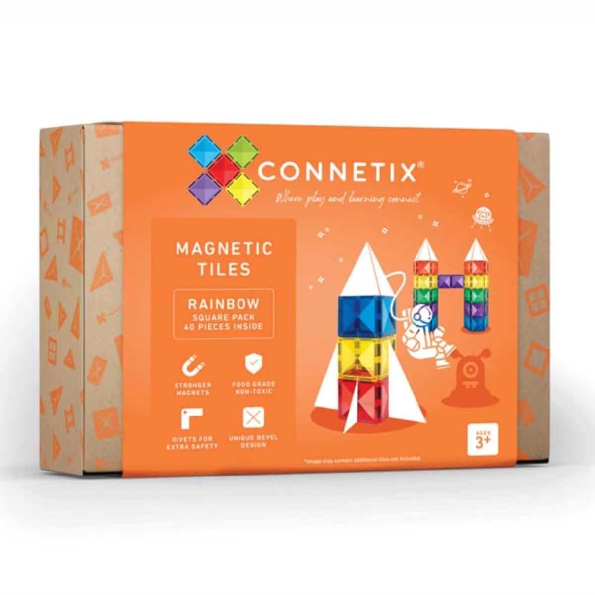 40-Piece Connetix Rainbow Square Magnetic Tiles Pack for Creative Play