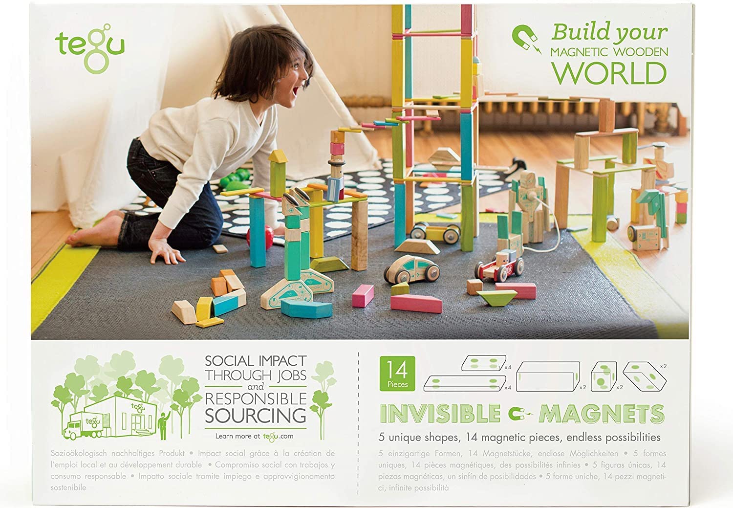 14-Piece Tegu Magnetic Wooden Blocks Set with Various Shapes